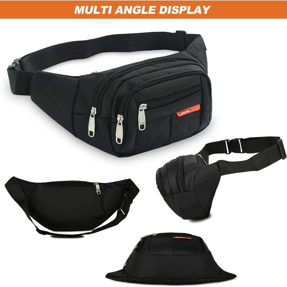 Fanny Pack,Black Belt Crossbody Bag for Men /women Waist Pack with 4 Zipper Pock